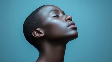 A woman with a shaved head and a beautiful face. She is looking at the camera with a peaceful expression