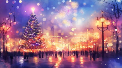 Obraz premium New Year's Celebration with Dazzling Decorations and Fireworks in a Vibrant Square