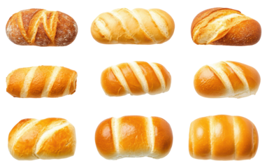A row of different types of bread, including a bagel, a roll, and a croissant isolated on transparent or white background, png