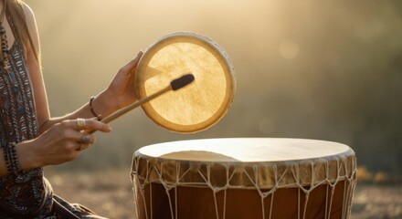 Woman playing traditional drum outdoors at sunset