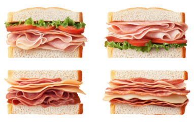 Four different types of sandwiches with various meats and vegetables isolated on transparent or white background, png