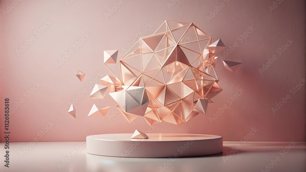 Poster abstract geometric composition with a circular pedestal and a cluster of rose gold and white polygon