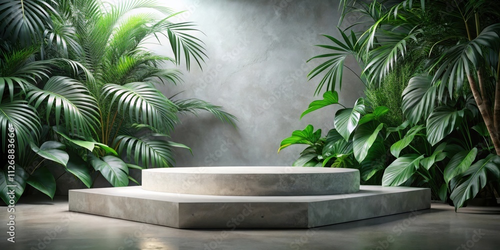 Poster A Minimalist Concrete Podium Flanked by Lush Tropical Foliage, Creating a Serene and Elegant Display Setting