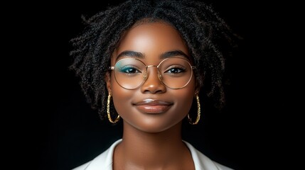 A woman with curly hair and glasses is smiling. She is wearing gold earrings and a white shirt