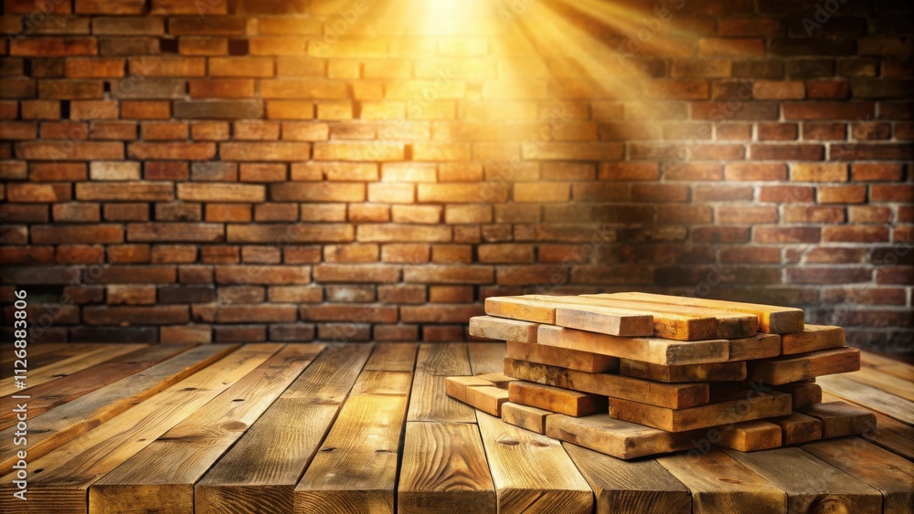 Aufkleber rustic wooden tabletop with stacked boards against a brick wall background illuminated by warm light