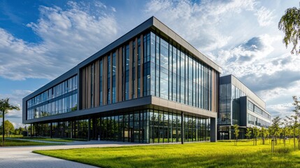 Fototapeta premium Modern glass building with a sleek design surrounded by greenery and blue sky.