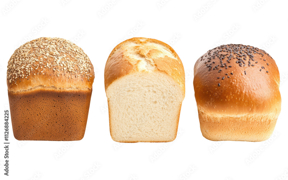 Poster three different types of bread are shown, with one of them being a whole grain isolated on transpare