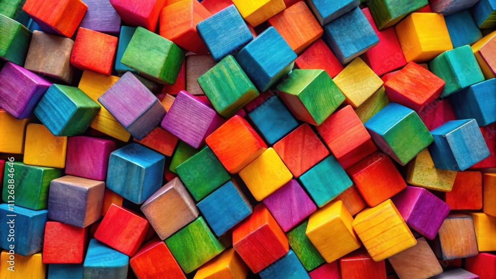 Aufkleber a close-up view of a multicolored stack of wooden cubes, a colorful and playful composition