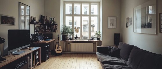 Cozy Home Office with Music Gear and Natural Light