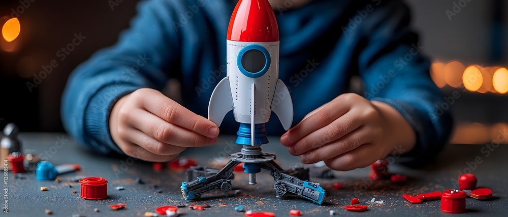 Poster a child assembling a colorful toy rocket surrounded by scattered building pieces.