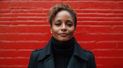 A woman with short hair and dark clothing stands in front of a red brick wall. She is smiling and looking directly at the camera