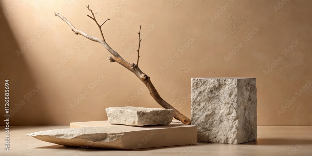 Poster a minimalist scene with a stone podium and a weathered branch in front of a neutral brown background