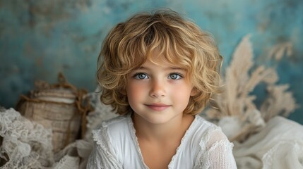 A young blonde girl with blue eyes is smiling at the camera. She is wearing a white shirt and sitting on a bed