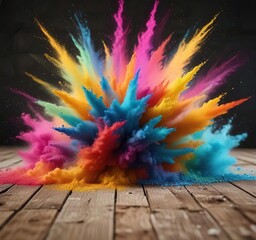 Close-up of a colorful powder explosion on a wooden surface, powdery stain, vibrant dust, colourful shards