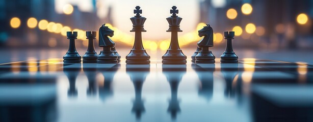Close-up of chess pieces on reflective board.