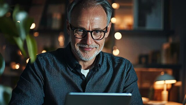 Smiling man using digital tablet at home office reviewing data on his ipad in an office