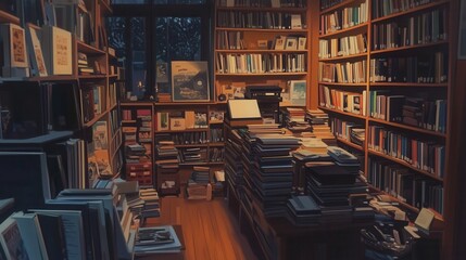 Obraz premium Cozy library filled with books and warm light.