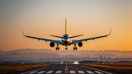 Passenger Jet Landing at Sunrise over City Skyline