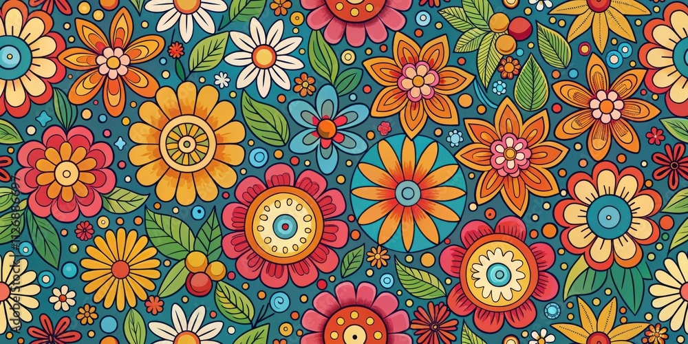Poster A vibrant and colorful floral pattern with intricate details and whimsical designs, perfect for adding a touch of retro charm to any project.