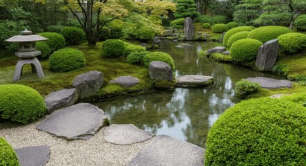 Naklejka premium serene japanese garden with koi pond, path, vibrant greenery