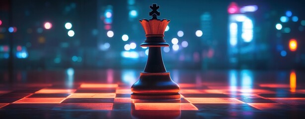 Illuminated chess piece in vibrant urban setting.