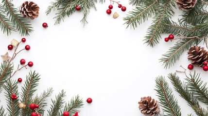 Minimalist Christmas Frame with Evergreen Branches on White Background