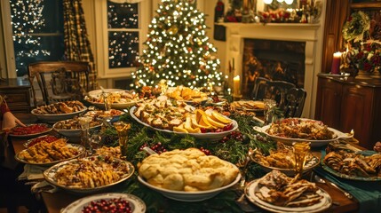 Fototapeta premium Family Hosting New Years Potluck Dinner