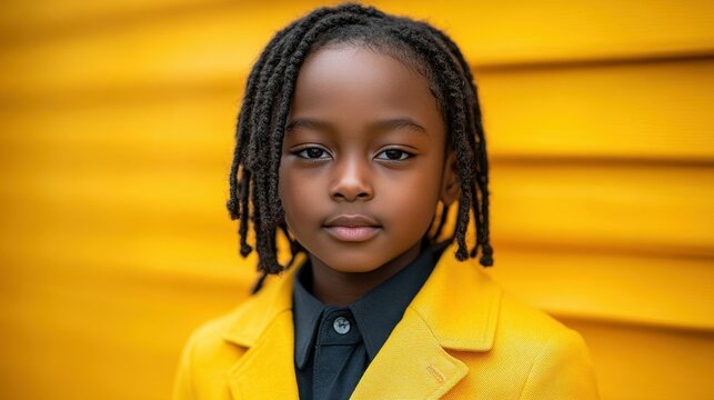 A young boy with dreadlocks is wearing a yellow jacket and a black shirt. He is looking directly at the camera