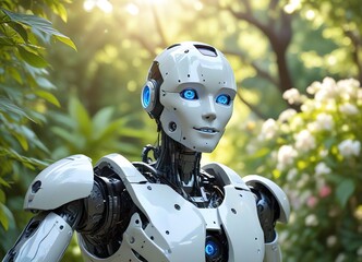 Fototapeta premium An illustration of a humanoid robot with glowing blue eyes in a garden