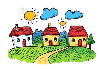 illustration of beautiful landscapes with mountains and lakes in watercolor, aquarelle look pencil art Countryside village landscape with church and houses
