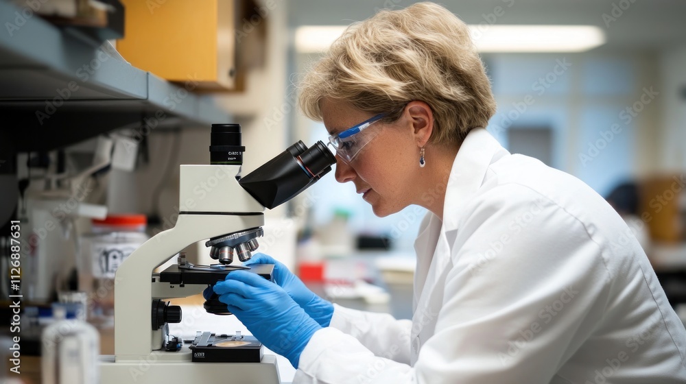 Poster scientist using a microscope in a laboratory setting