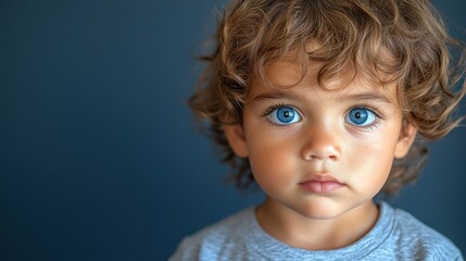 Naklejka premium A young child with blue eyes and brown hair is staring at the camera. The child is wearing a gray shirt and has a blue shirt on underneath