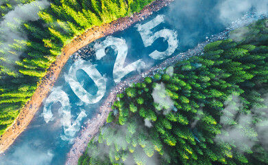 New year 2025 of nature landscape of mountain river and forest, lifestyle and inspirational healthy...