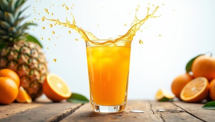  Fresh Orange Juice Splashing with Tropical Fruits on Wooden Table