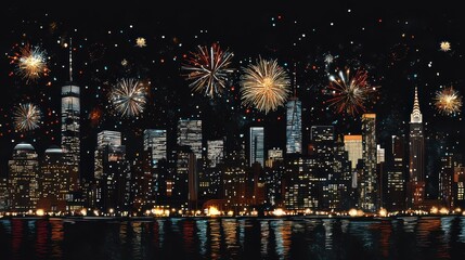 New Year's Eve celebration on the New York Skyline at night with fireworks. Vector illustration with copy space. New Year's Eve celebration concept