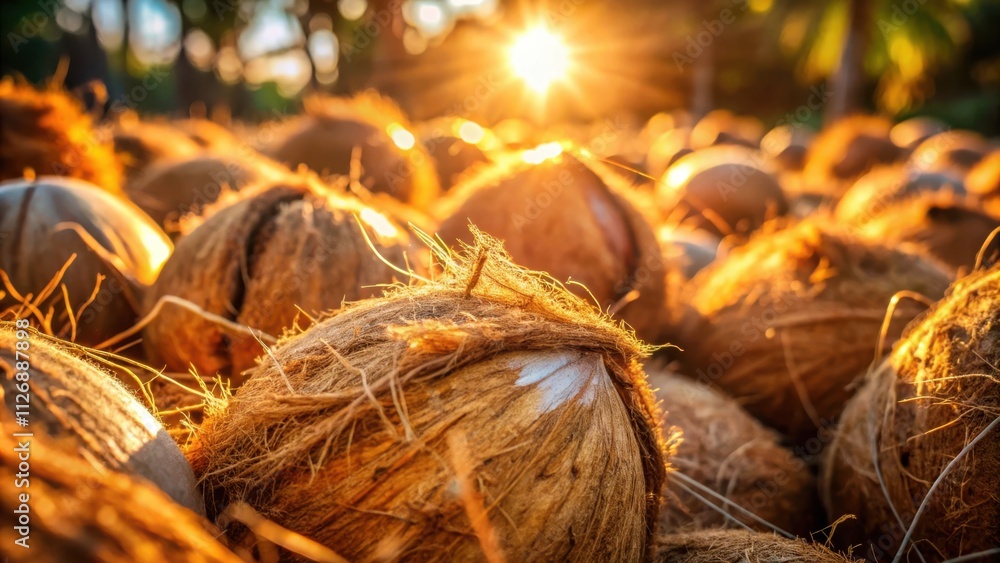 Poster a close-up view of coconuts bathed in warm sunlight, their fibrous husks glowing with a golden hue, 