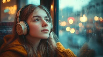 Thoughtful girl listening to music by the window.