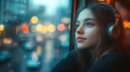 Young woman relaxing by the window with music.
