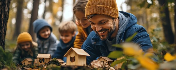 Obraz premium An inspiring scene of children and adults working together to build birdhouses in a forest, embodying community cooperation and environmental care