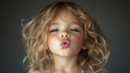 A young girl with blonde hair and a pink lip is kissing her own mouth. The image has a playful and innocent mood, as the girl is engaging in a silly and fun activity