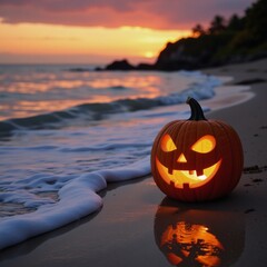 Festive Halloween scene Jack-OLantern on Shoreline - Ideal Beach Party Promotion  Themed Event Copy Space