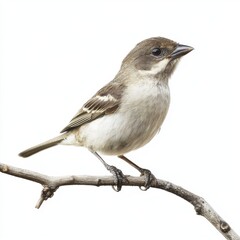 Bird perched on a branch on white background