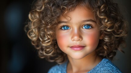 Fototapeta premium A young girl with curly hair and blue eyes is smiling at the camera. She is wearing a blue shirt and has a pinkish tint to her cheeks. Concept of innocence and happiness