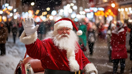 Festive santa claus greeting visitors winter market holiday celebration urban setting joyful atmosphere