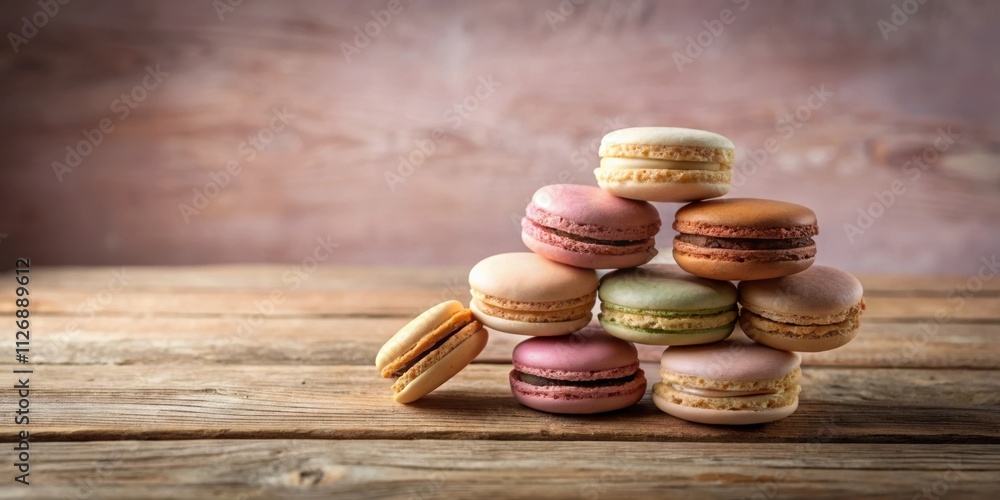Poster A Colorful Array of Macarons Arranged in a Pyramid Shape on a Rustic Wooden Surface