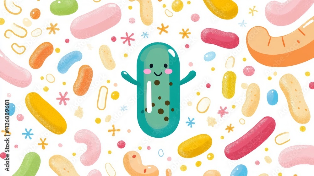 Poster a joyful and colorful depiction of various whimsical microorganisms in a lively environment filled w