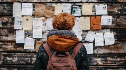 Person standing in front of a job listings board, scanning opportunities with a focused expression. The scene conveys the pursuit of career advancement and the search for meaningful employment.