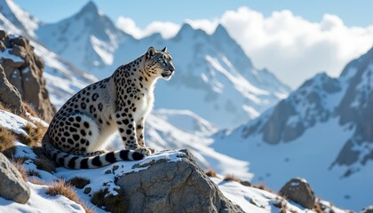 Fototapeta premium Majestic Male Snow Leopard Overlooking Snow-Covered Mountains