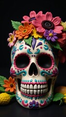 Colorful Sugar Skull adorned with flowers against a black backdrop