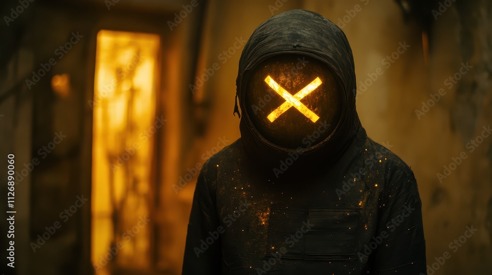 Poster mysterious figure with glowing mask illuminated in an eerie room, embodying themes of anonymity and 